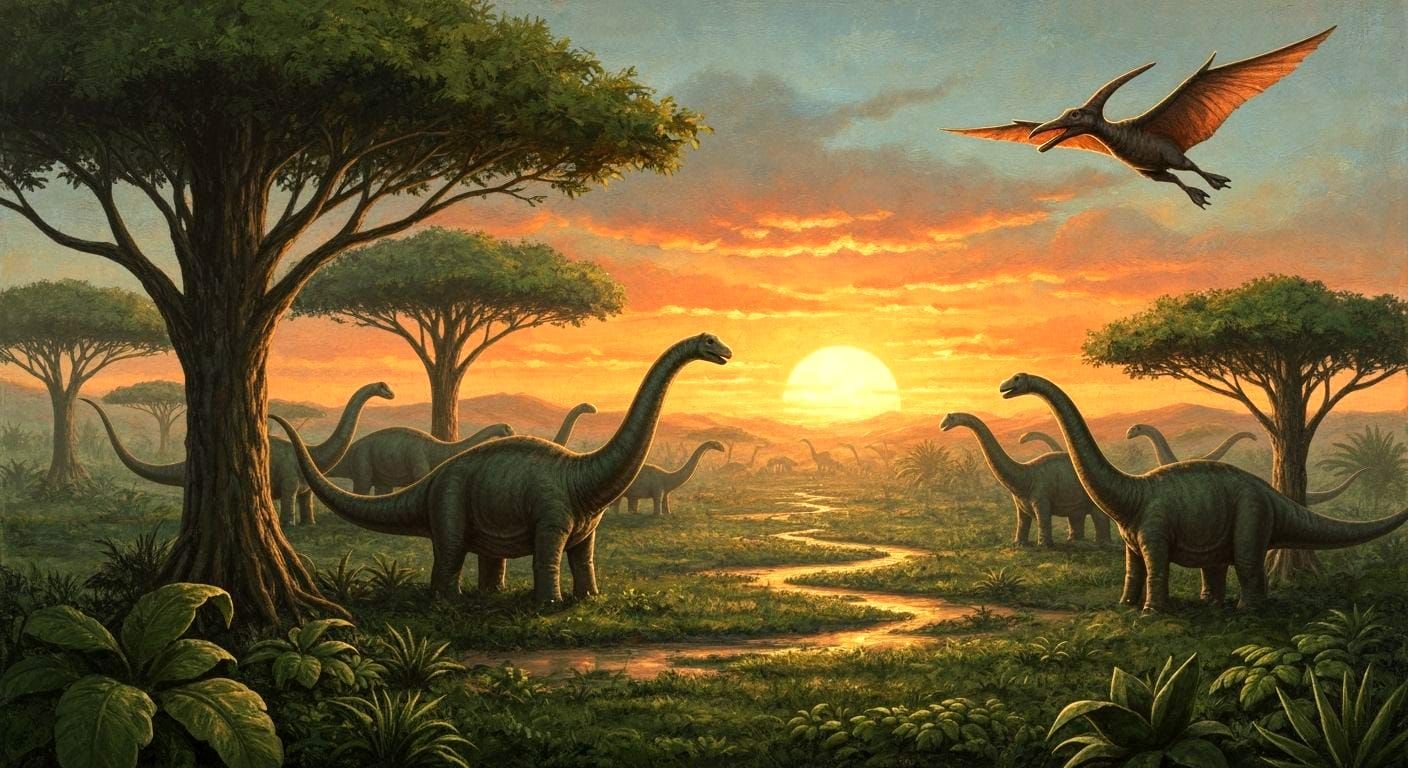 Encaustic Technique: green and rock jurassic landscape, a herd of Brachiosaurus eating from very high ...  by @Summerchild