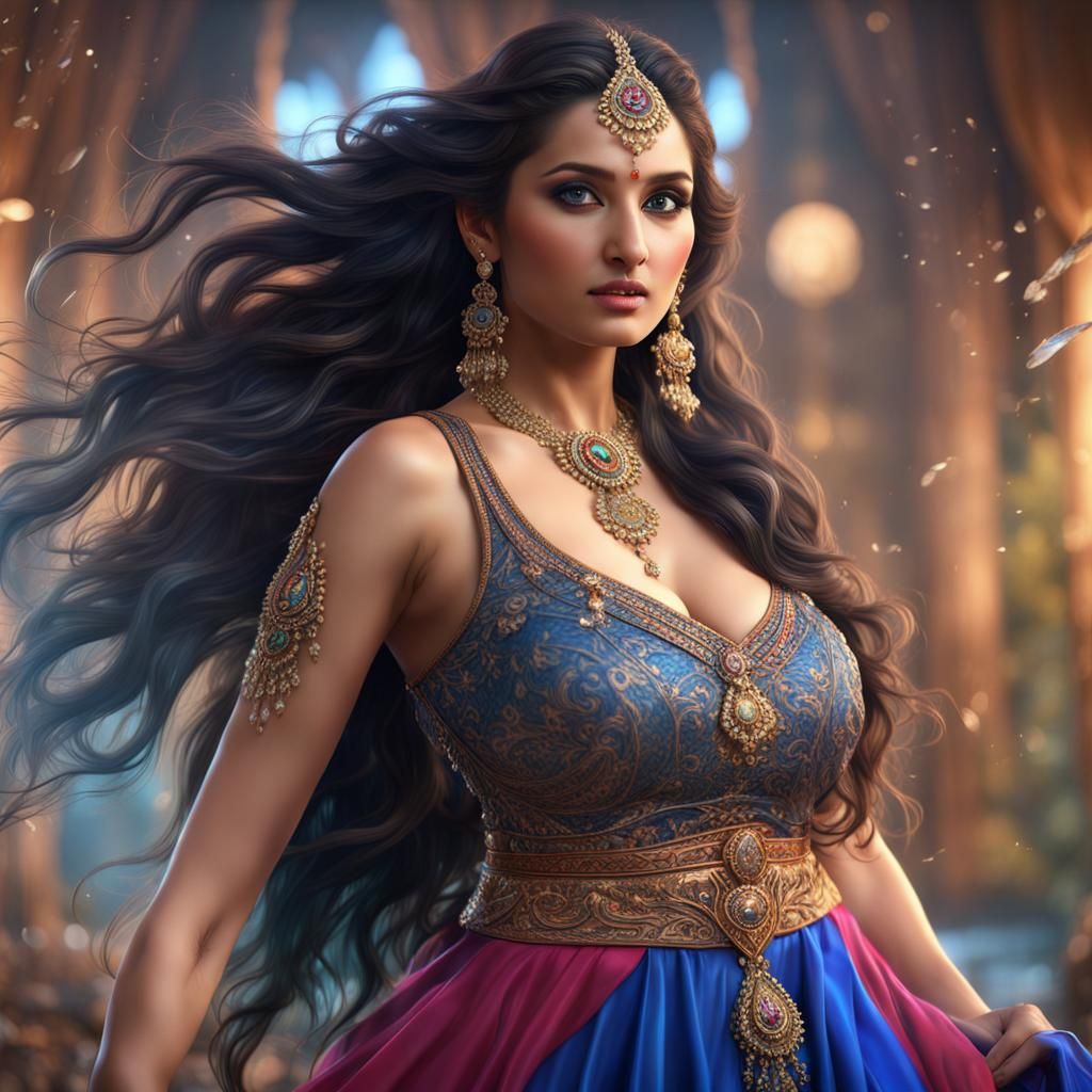 Indian fantasy curvy thick Sania Mirza ,long crystal falling hair, hot  figure, shining blue big eyes, wearing heavy colorful satin skirt - AI  Generated Artwork - NightCafe Creator