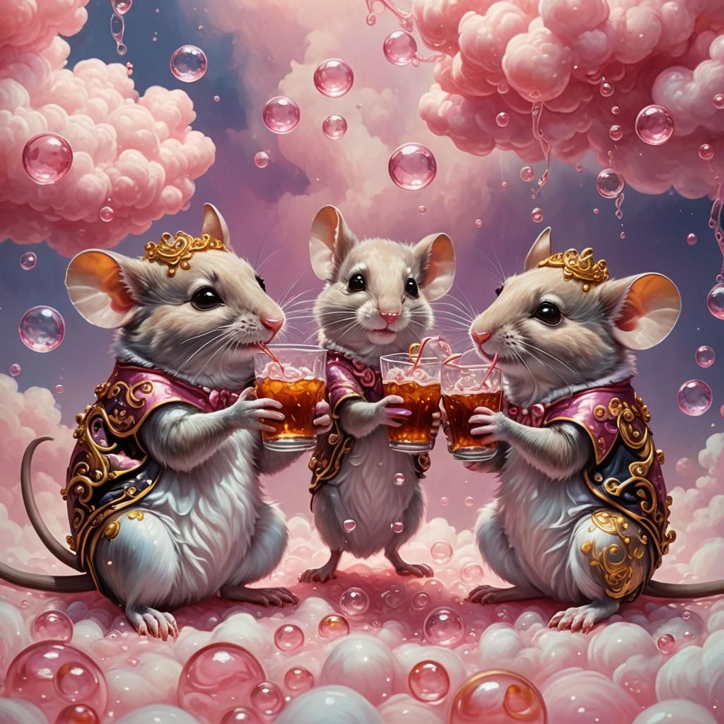 Twin Mice in Vibrant Pink Clouds, Enjoying Cola in Whimsical...