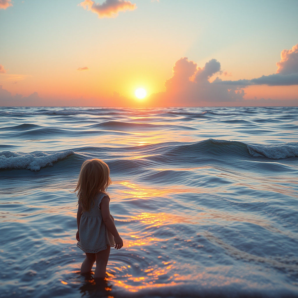 Dreamlike Ocean Sunset with Gentle Child