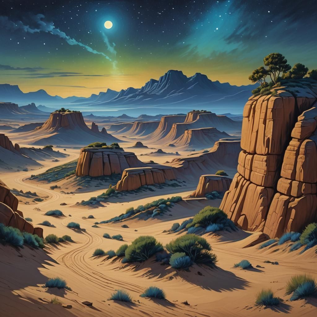 Majestic Desert Village at Sunset, Inspired by Stalenhag