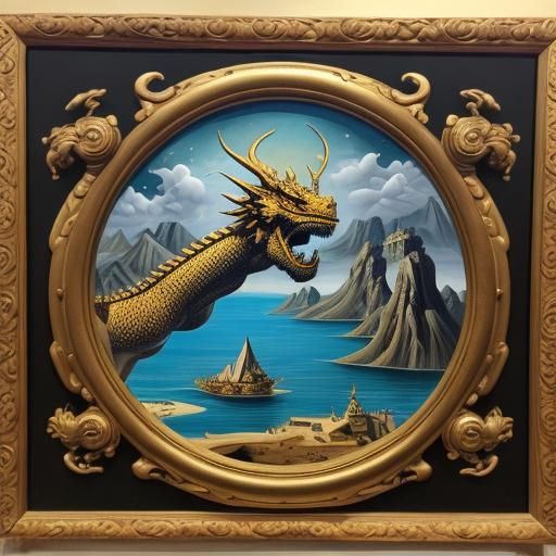 Wood Carved Dragon in Clouds, Surrealist Art