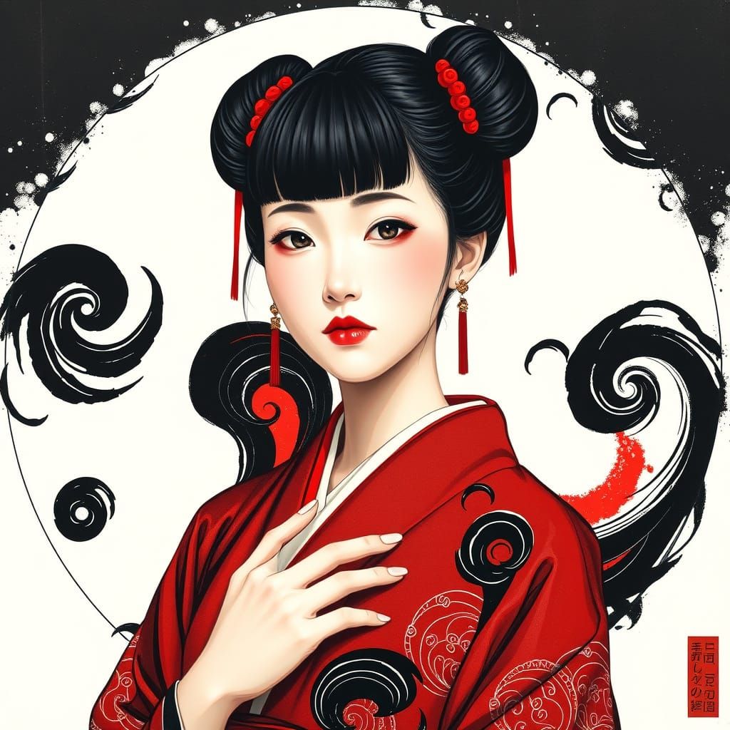 Traditional Japanese Woman in Crimson Accents