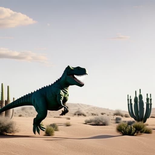 realistic T-Rex dinosaur jumping over a cactus like Chrome Dino game,  aesthetic Epic cinematic brilliant stunning intricate me - AI Generated  Artwork - NightCafe Creator