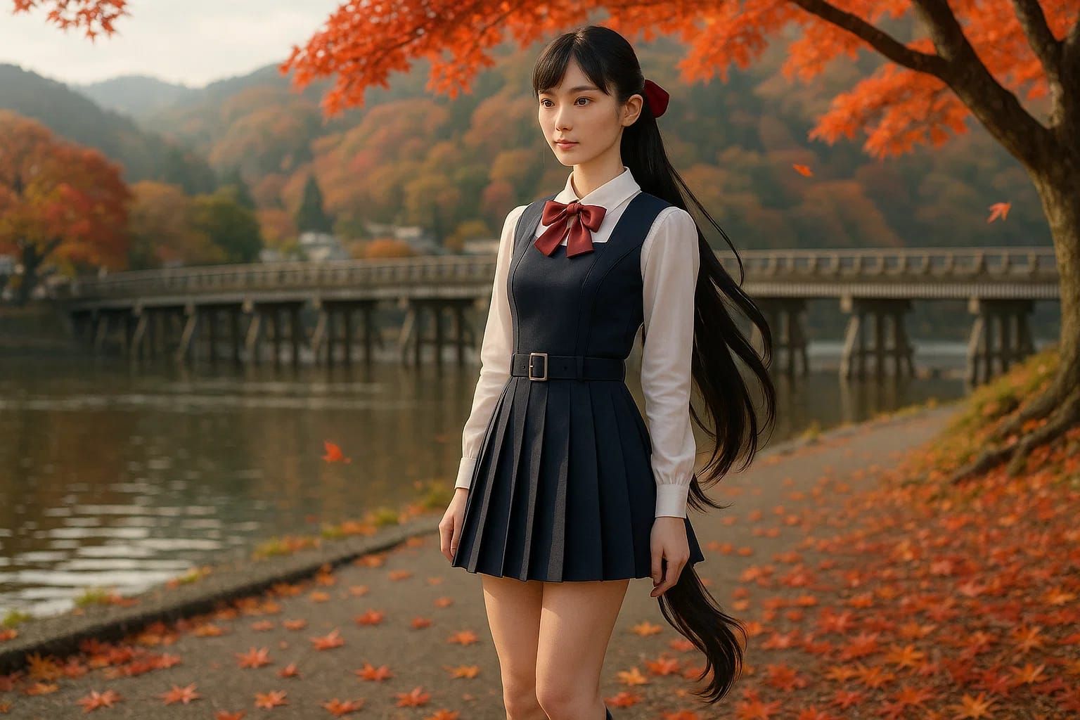 Kaori at Togetsukyo Bridge in Arashiyama with Autumn maple l...