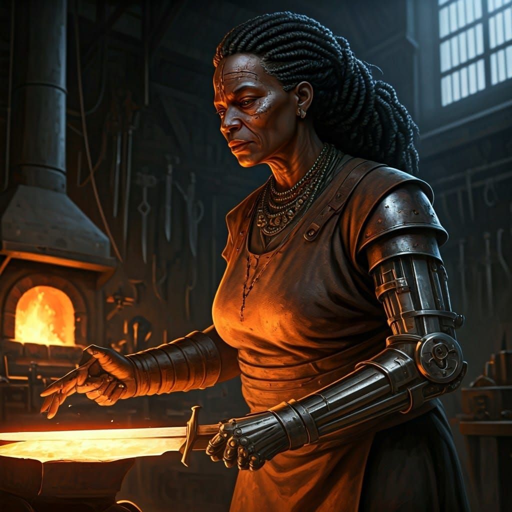 Ancient black woman with a large face scar who has a fake metal arm making her swords in her workshop, 4k, detailed facial details, intricat...