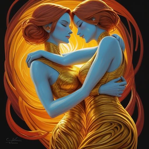 Vibrant Oil Painting of Figures in Tender Embrace