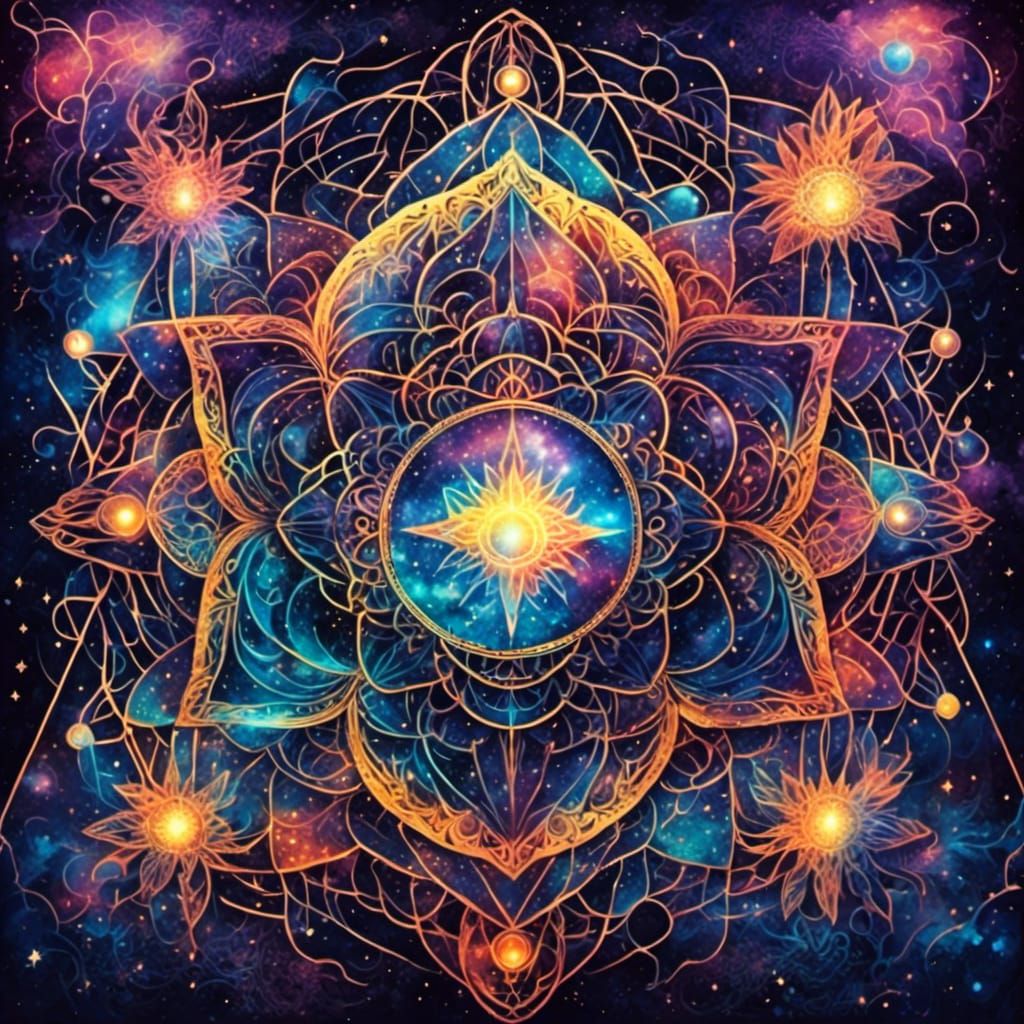 Sacred Geometry Cosmic Tattoo Art in Starry Night Sky