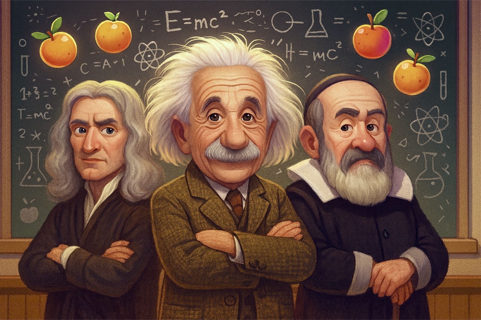 Isaac Newton, Albert Einstein and Galileo Galilei
