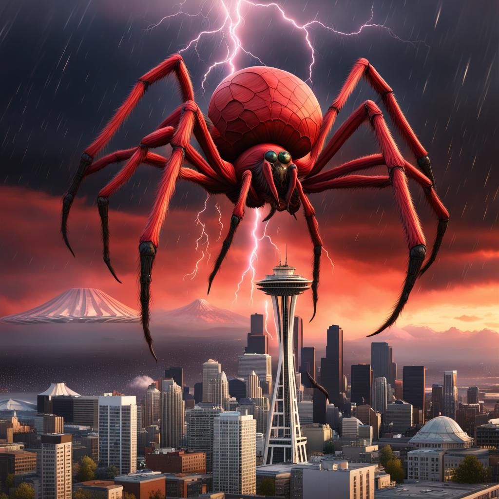 Giant alien spider attacking the Space Needle in Seattle. thunderstorm ...