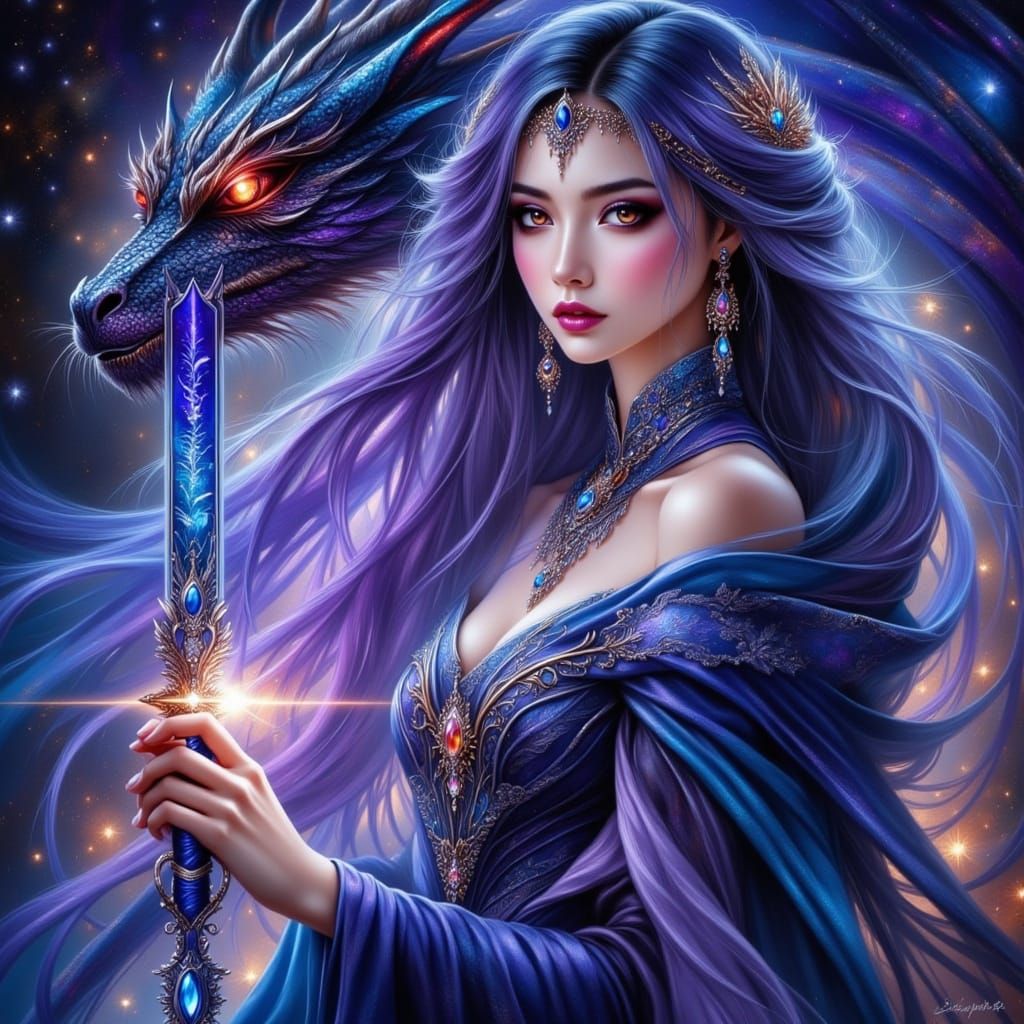 Dragon and Sorceress with Glowing Sword