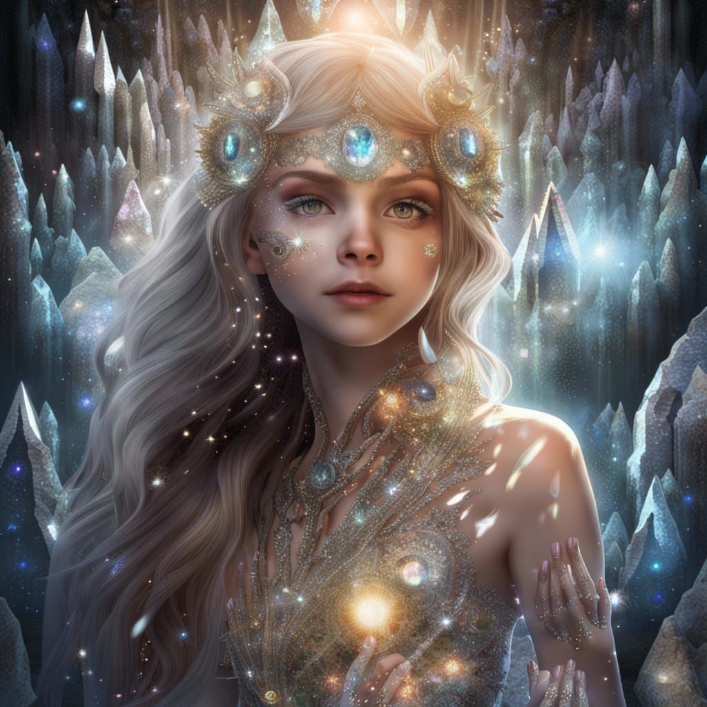 Crystal Girl in a Cave Filled With Crystals AI Generated Artwork