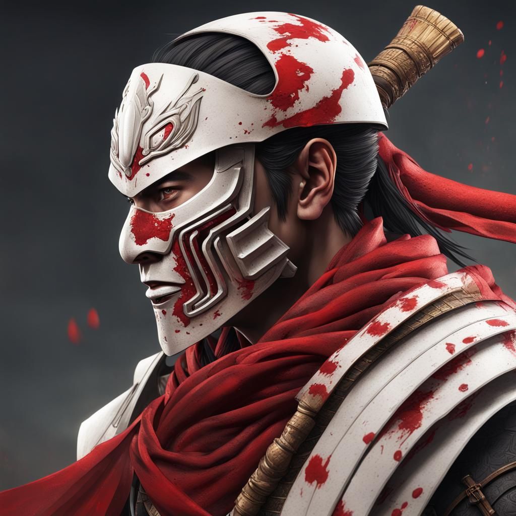 A samurai white armor. Wearing a blood red scarf around his neck. Like ...