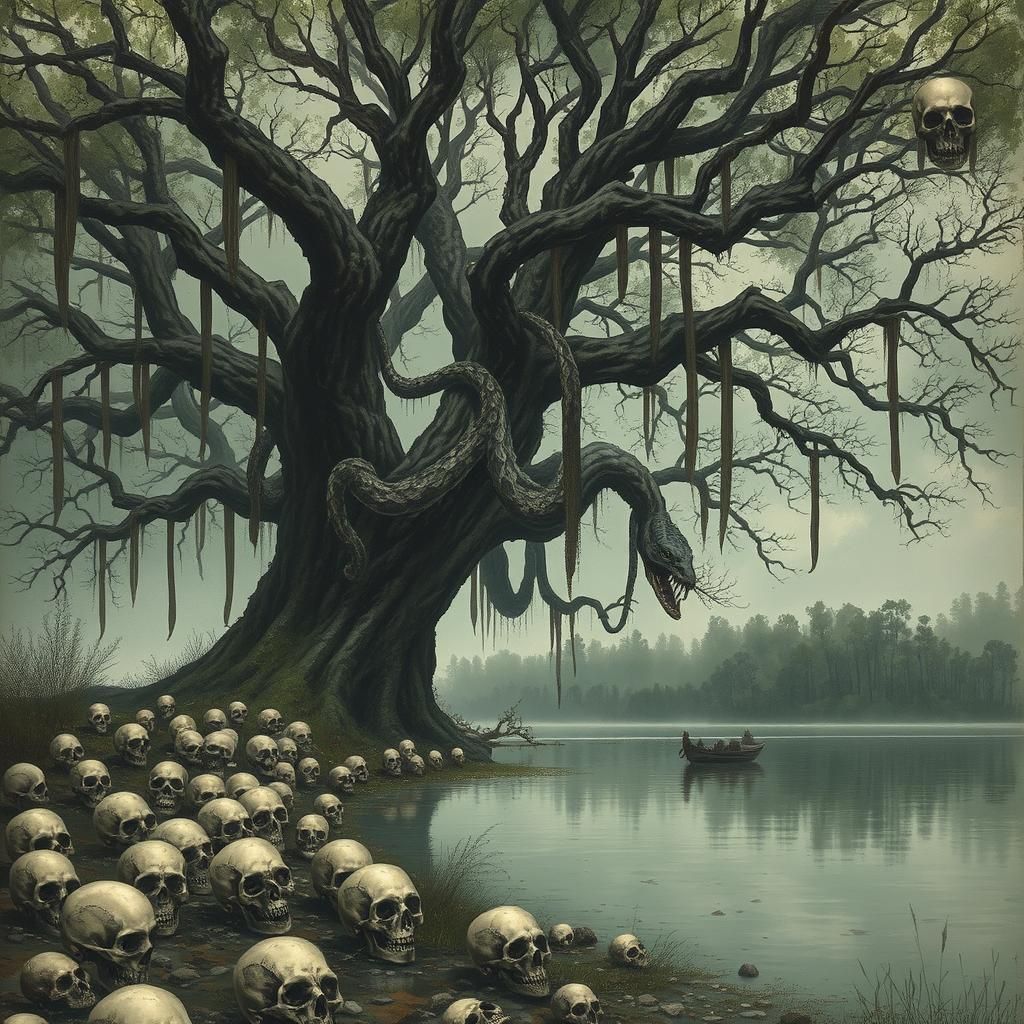 Skulls and Oak Trees Over a Lake in a Dark Atmosphere