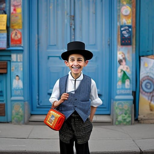 A Joyful Haredi Boy Surrounded by Colorful Sweets in a Whims...