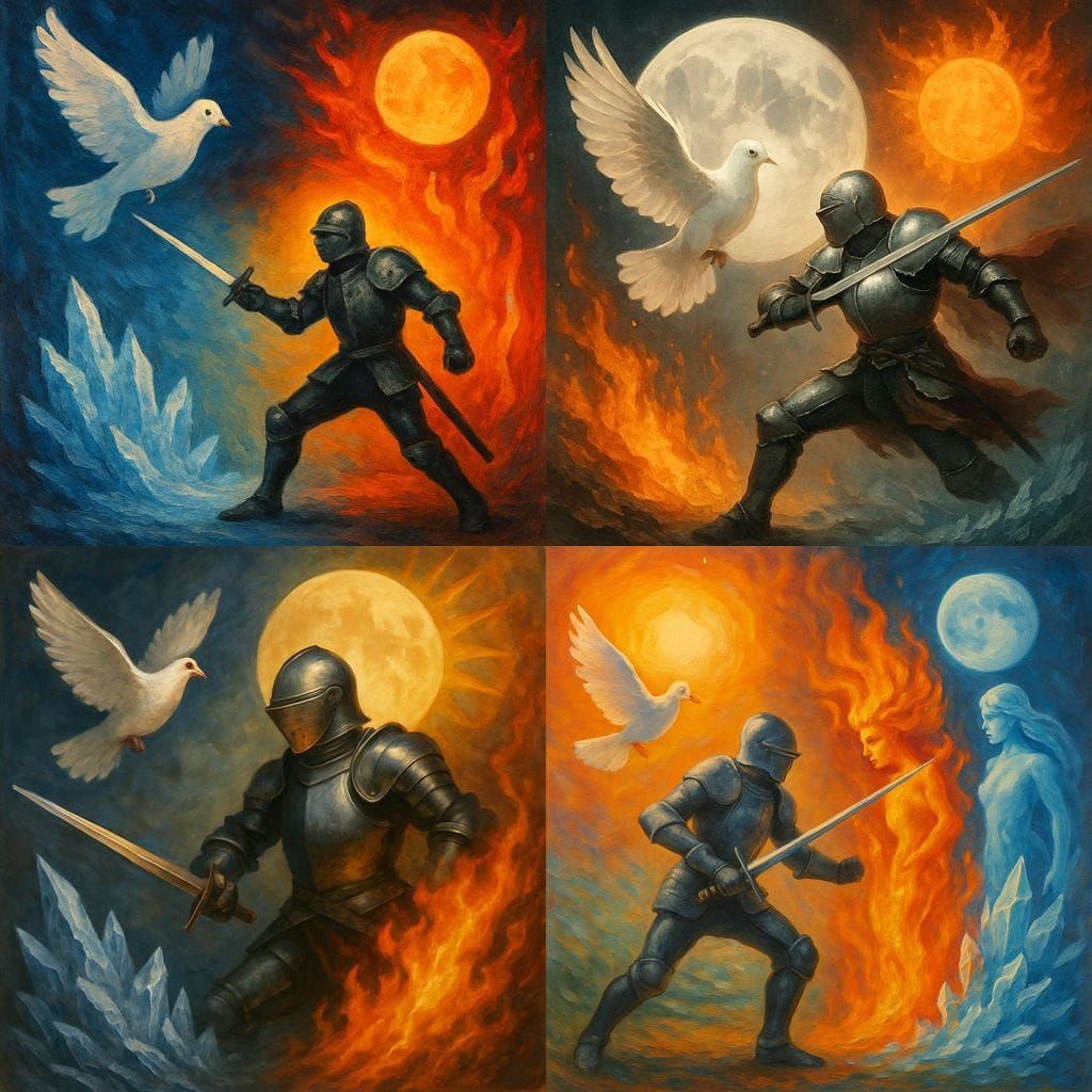 Elements Clash: Dove, Sword, Moon, Sun, Fire, Ice