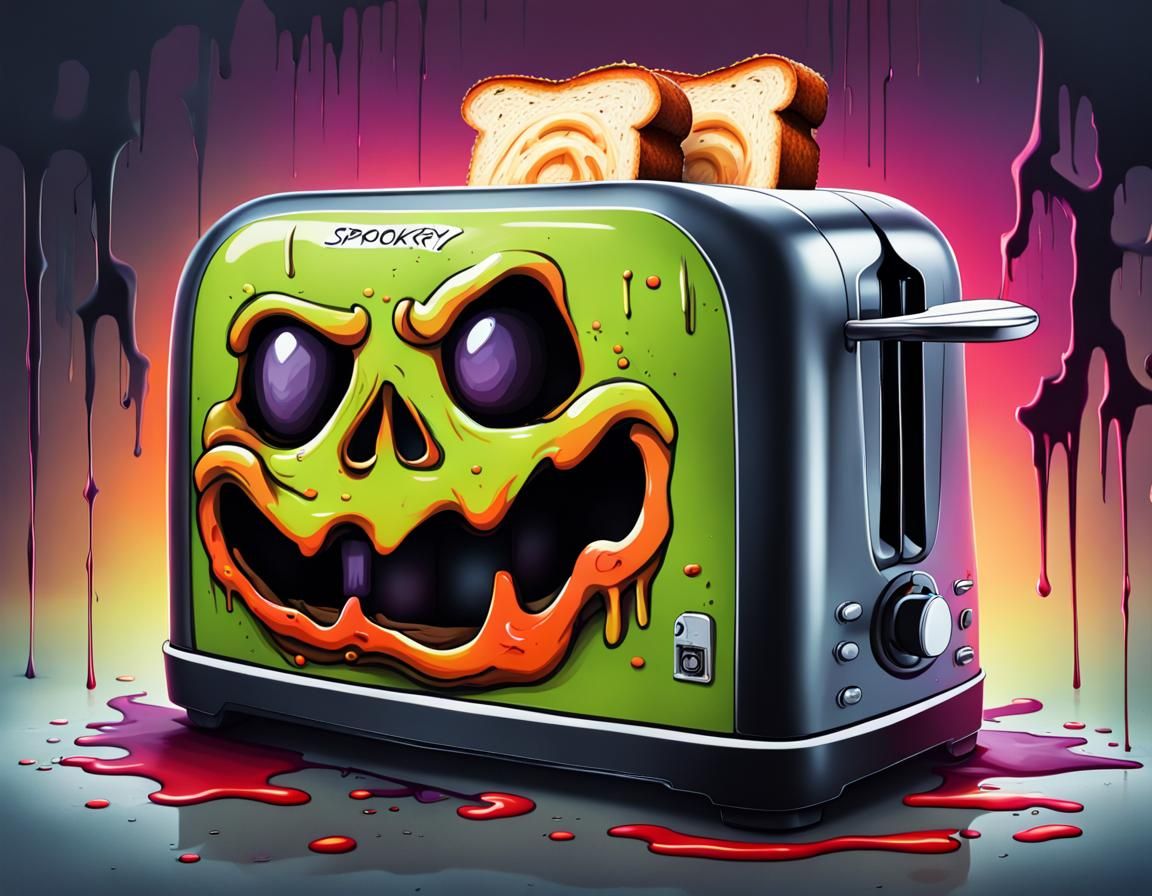 a spooky, uptonogood toaster, eerie, scary, a spooky toaster with a scary face graffiti art