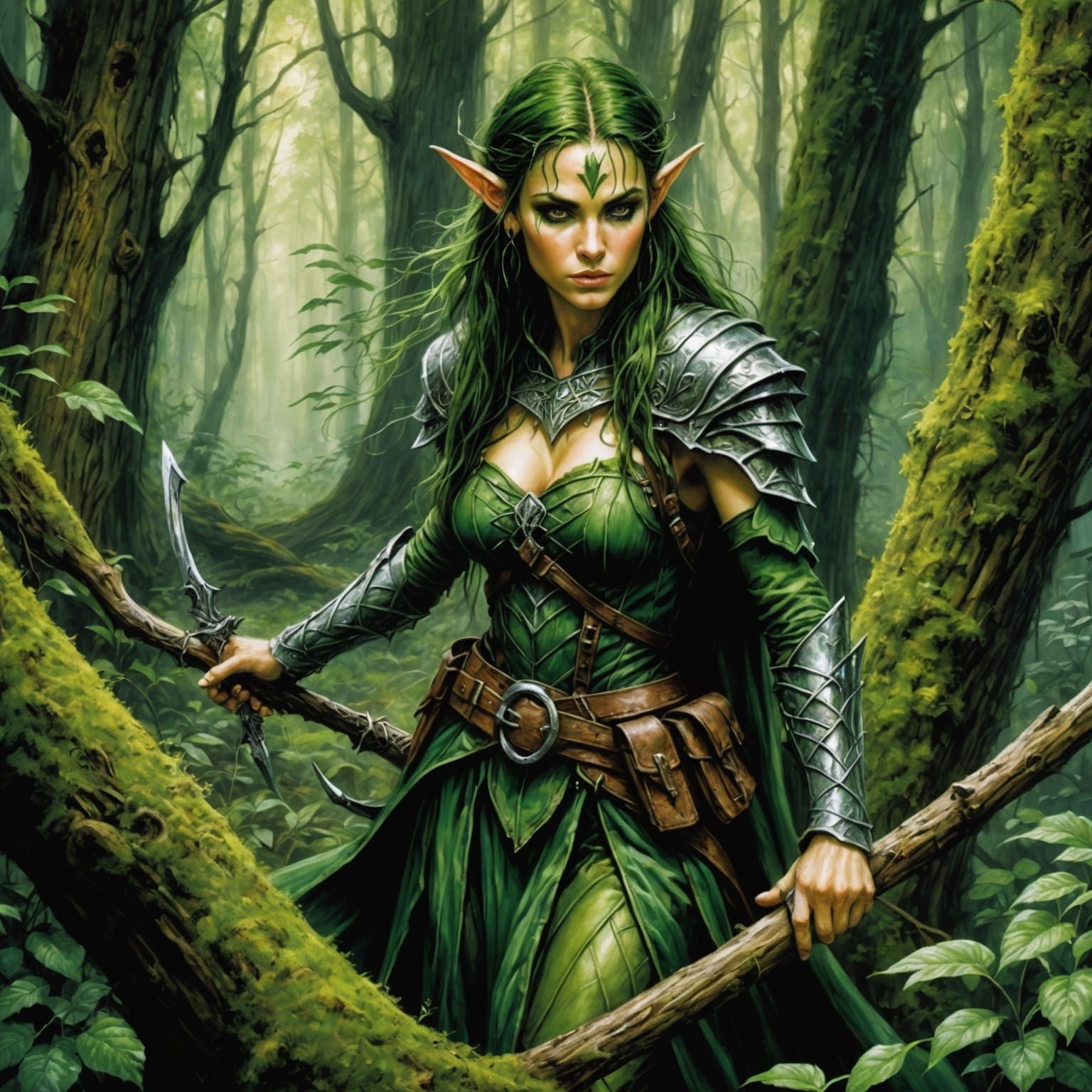 Pretty wood elf ranger hiding in lush green forest.
