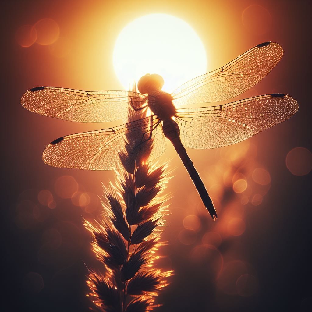 A backlit dragonfly perches on a stalk of grass