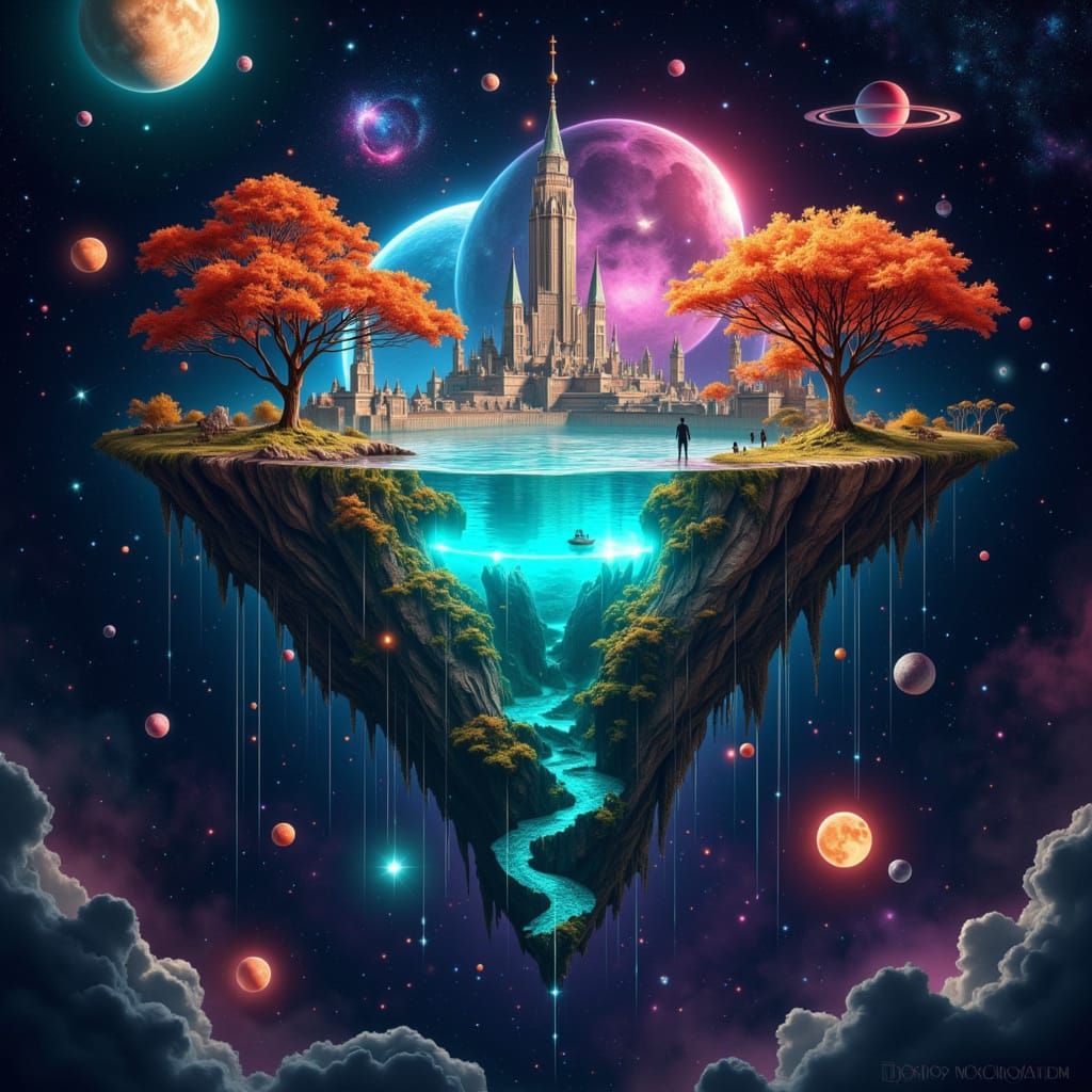 A surreal, hyper-detailed scene ((of a massive floating island with ancient trees and futuristic city ...  by @GoingJade