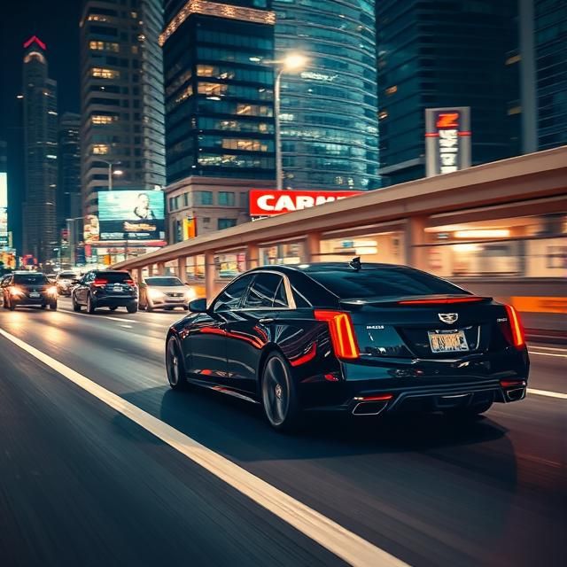 A  BLACK CADILLAC CTS SPEEDING ON THE HIGHWAY AT NIGHT.
