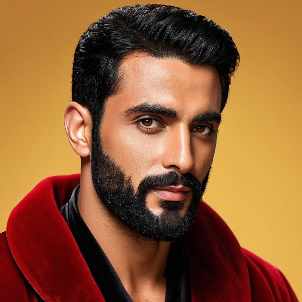 A handsome  serious man with   black  hair and beard  wearin...