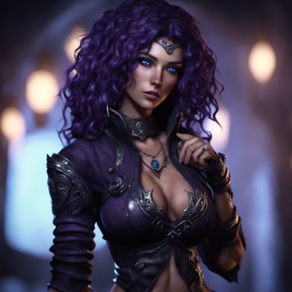 female shadow elf, voluptuous sassy devious thick curvy body, dark purple  curly hair. clear complexion, deep blue eyes, piercings, DSLR dyna - AI  Generated Artwork - NightCafe Creator