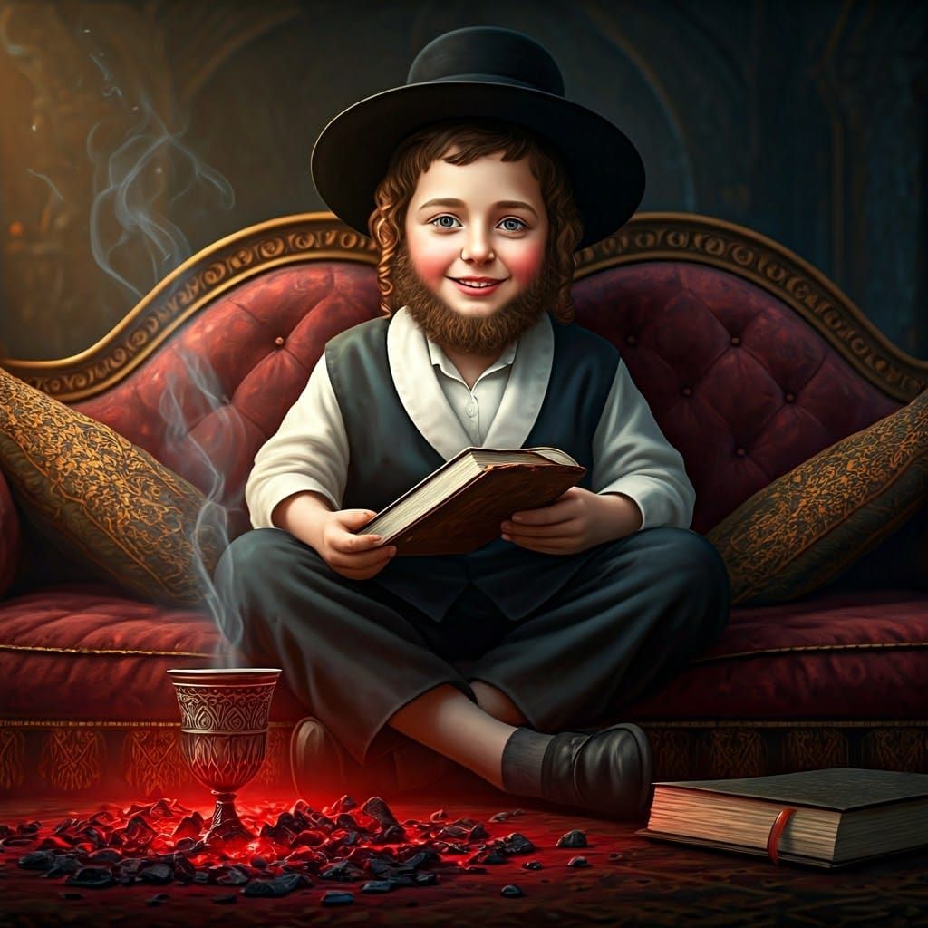 Serene Hasidic Boy in Cozy, Candlelit Study