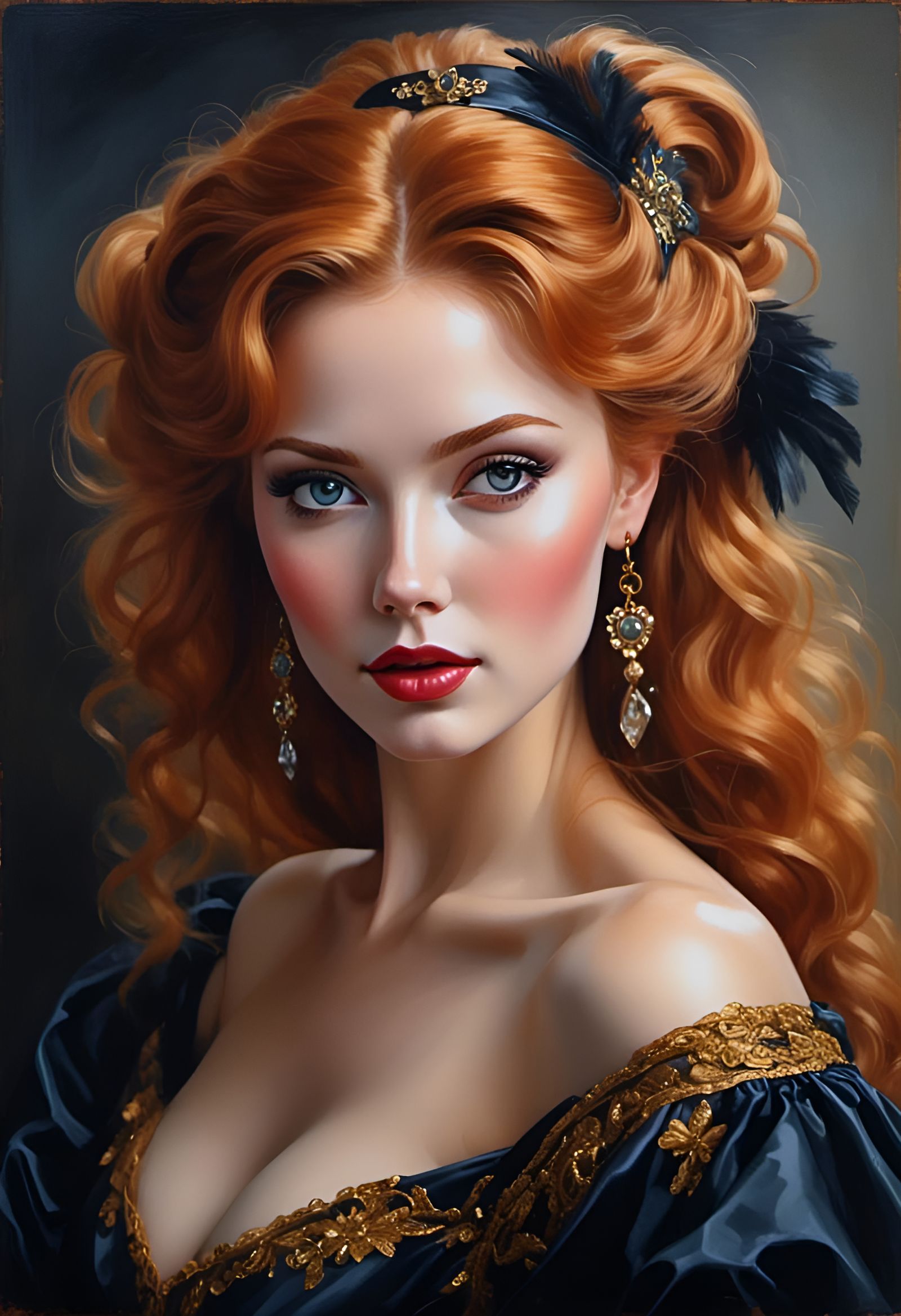 A stunning, fiery-haired courtesan with a captivating presence 