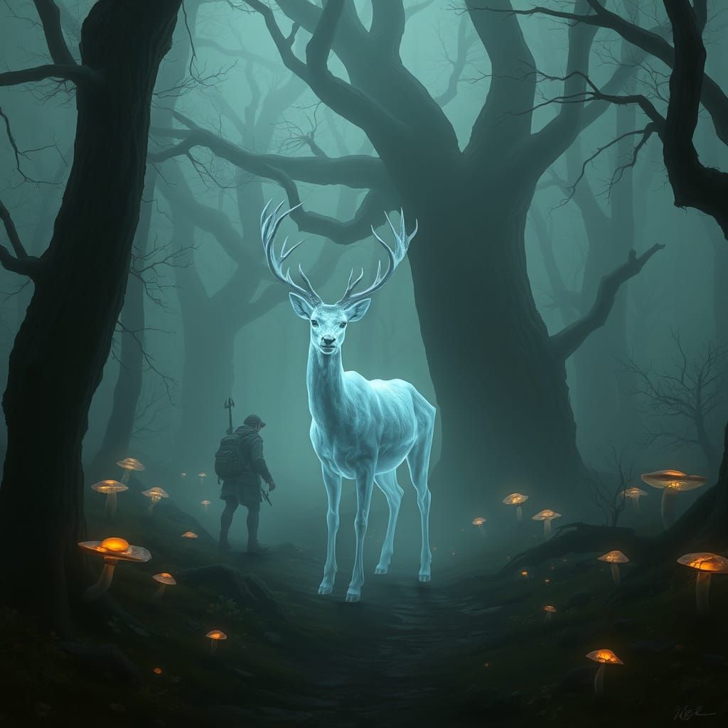 Envision a ghostly deer leading travelers through a foggy, enchanted forest, its translucent form shimmering ...  by @NerdyGirl_1025