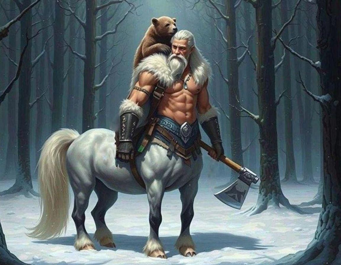 Winter centaur helping baby bear find home  by @David Myers