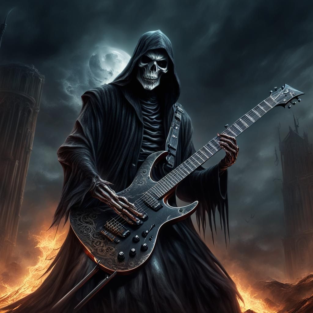 The Grim Reaper playing an epic hevy metal solo on an electric guitar ...