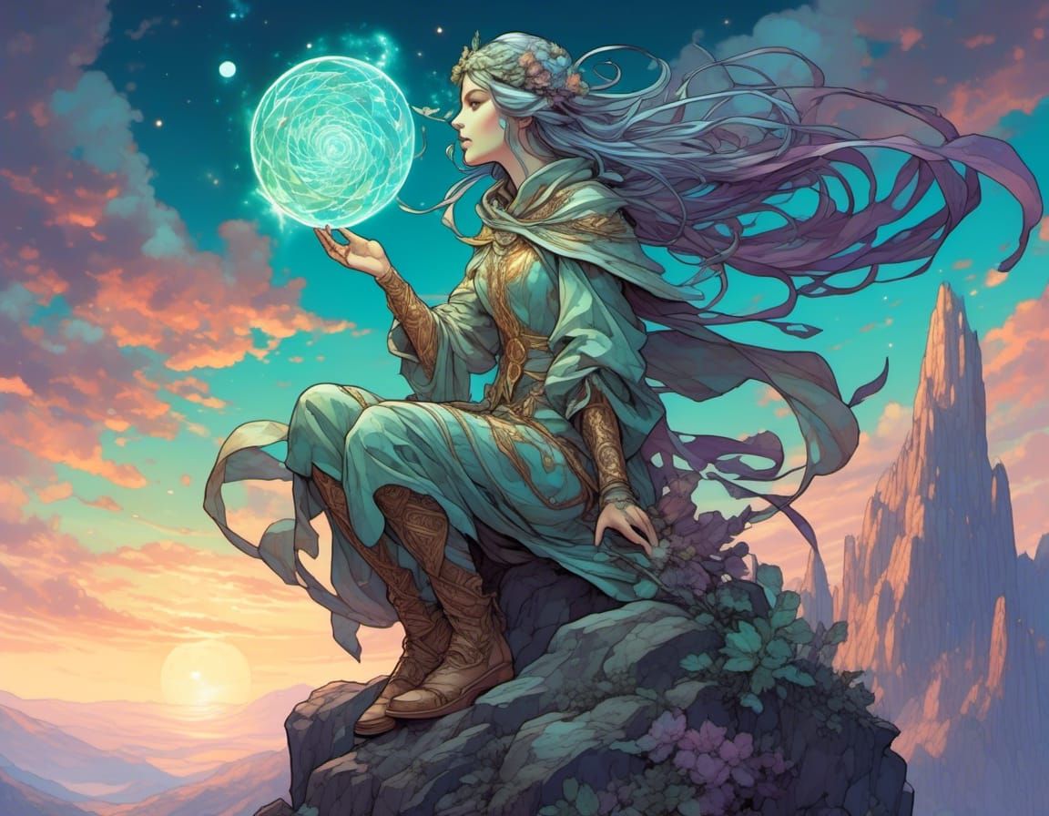 <lora:My dream art style:1.0> Spectral sage atop a mountain communing with a luminescent air spirit 