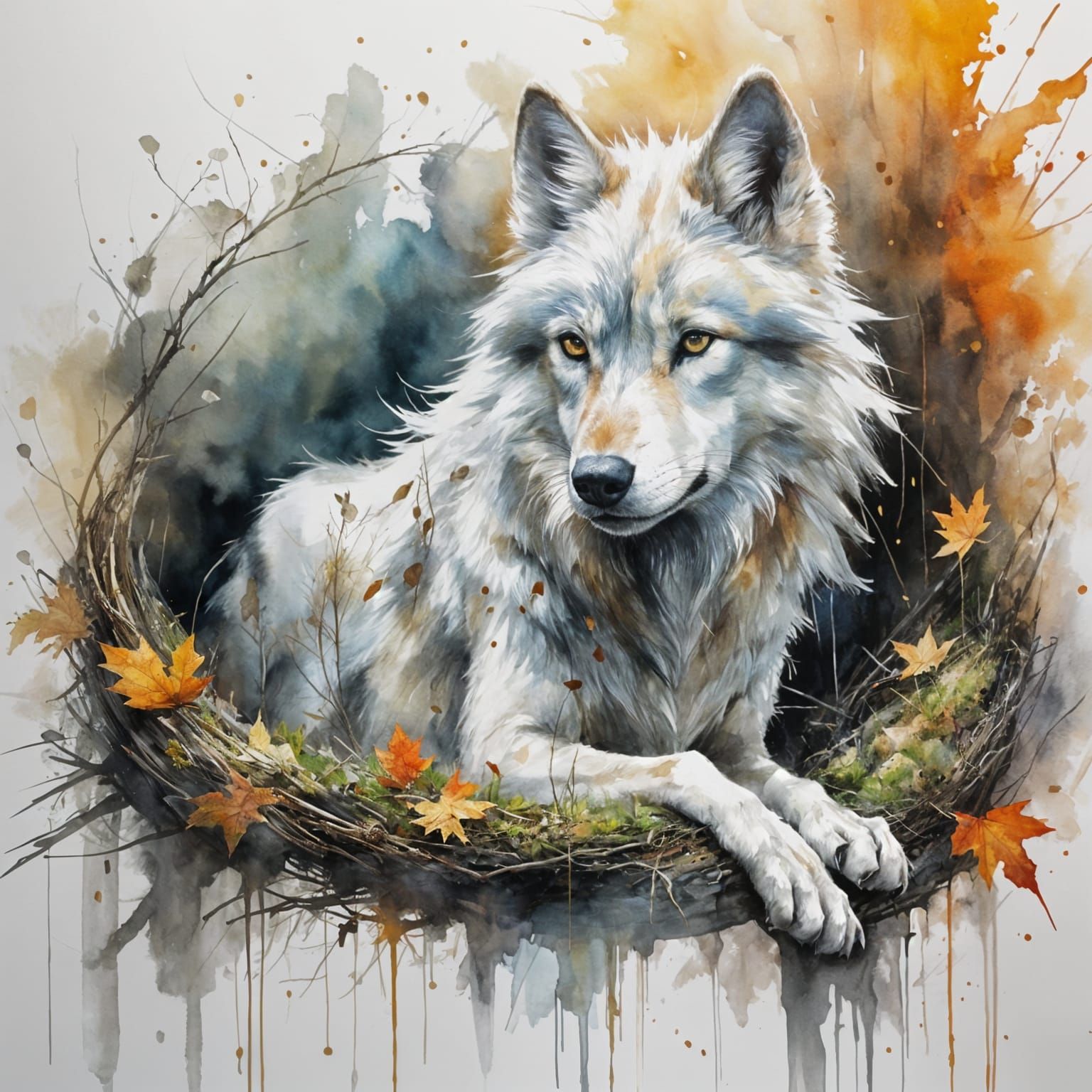 Lone white wolf in the amber glow of autumn  by @Dreamer in Hell