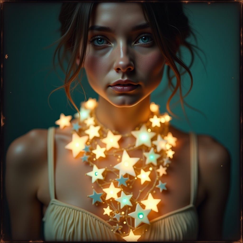 Auguste Lumière and Louis Lumière style photorealistic style fantasy image of a woman wearing a simple necklace of interconnected stars, gle...