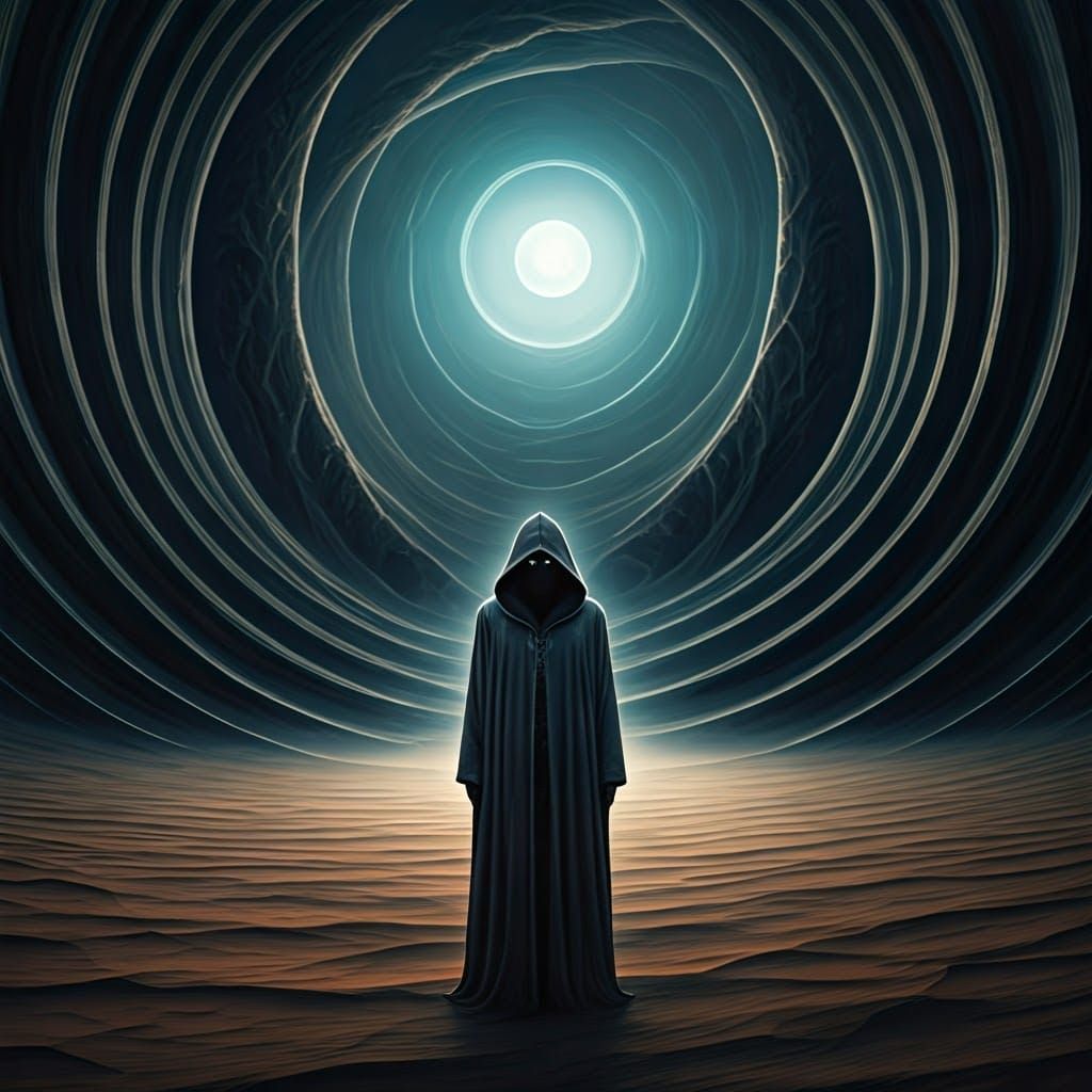 Mystical Figure Stands at Edge of Surreal Desert Landscape