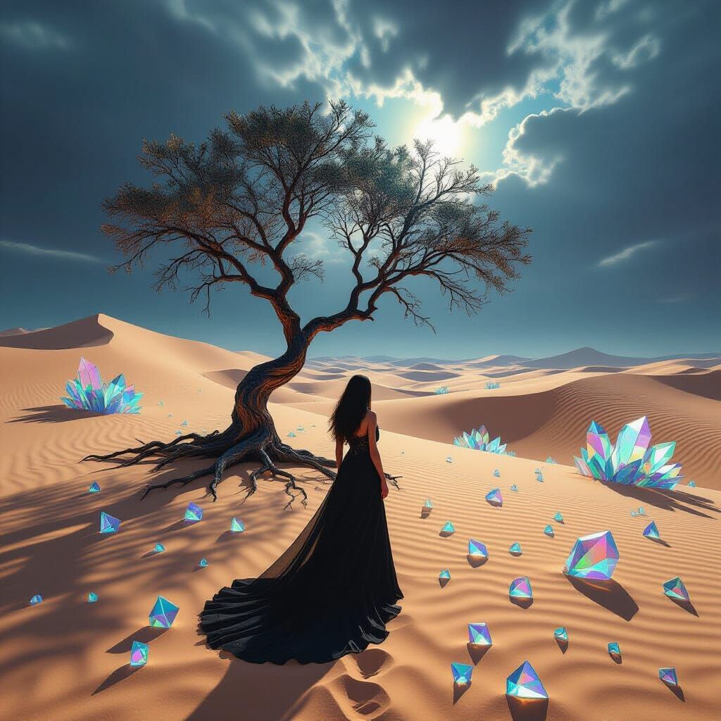 A surreal desert landscape where the sand dunes are made of shimmering, iridescent glass shards. A single, gnarled tree with metallic leaves...