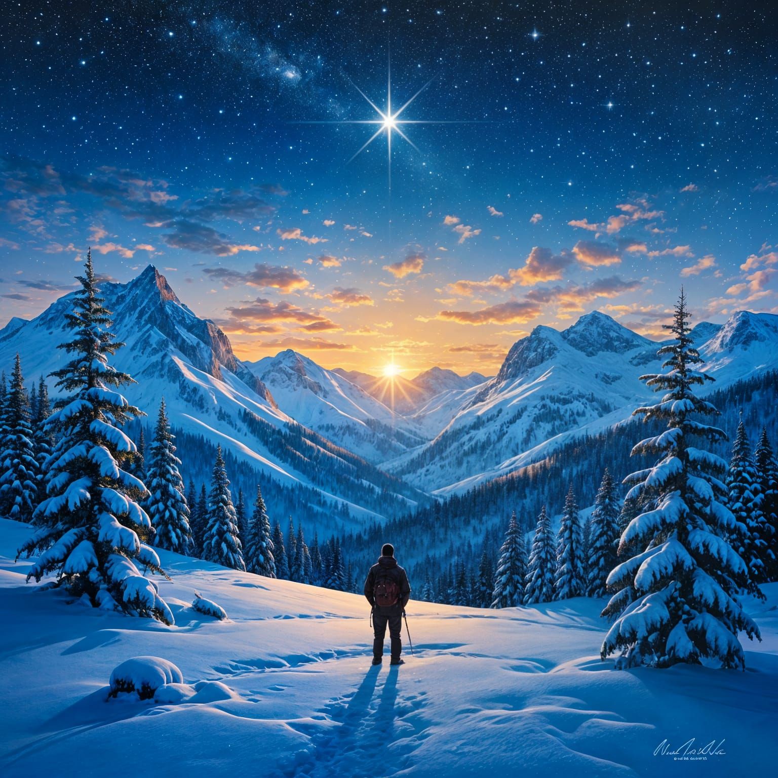 Masterpiece in oils of a snowy forest 