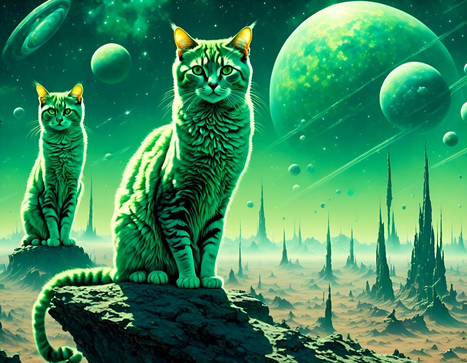 <lora:KittyCity 7:1.0> <lora:Constellation:1.0> adorable green cats on an alien planet, sci fi