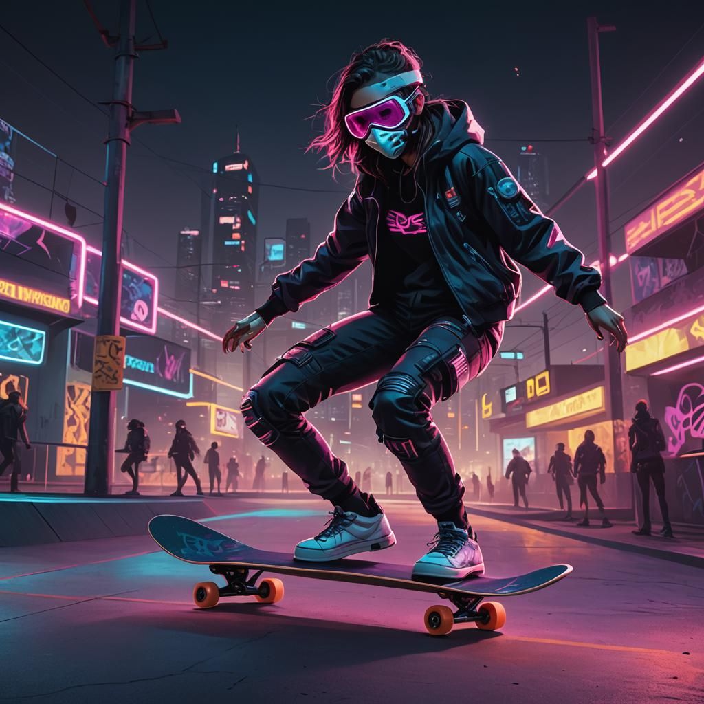 Cyberpunk Skatepark Goddess Glides Through Neon Night