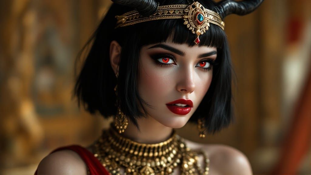 Full body side view. Backdoor as Cleopatra queen of Egypt, pale skin, short black hair, small antlers, ...  by @James Silvers