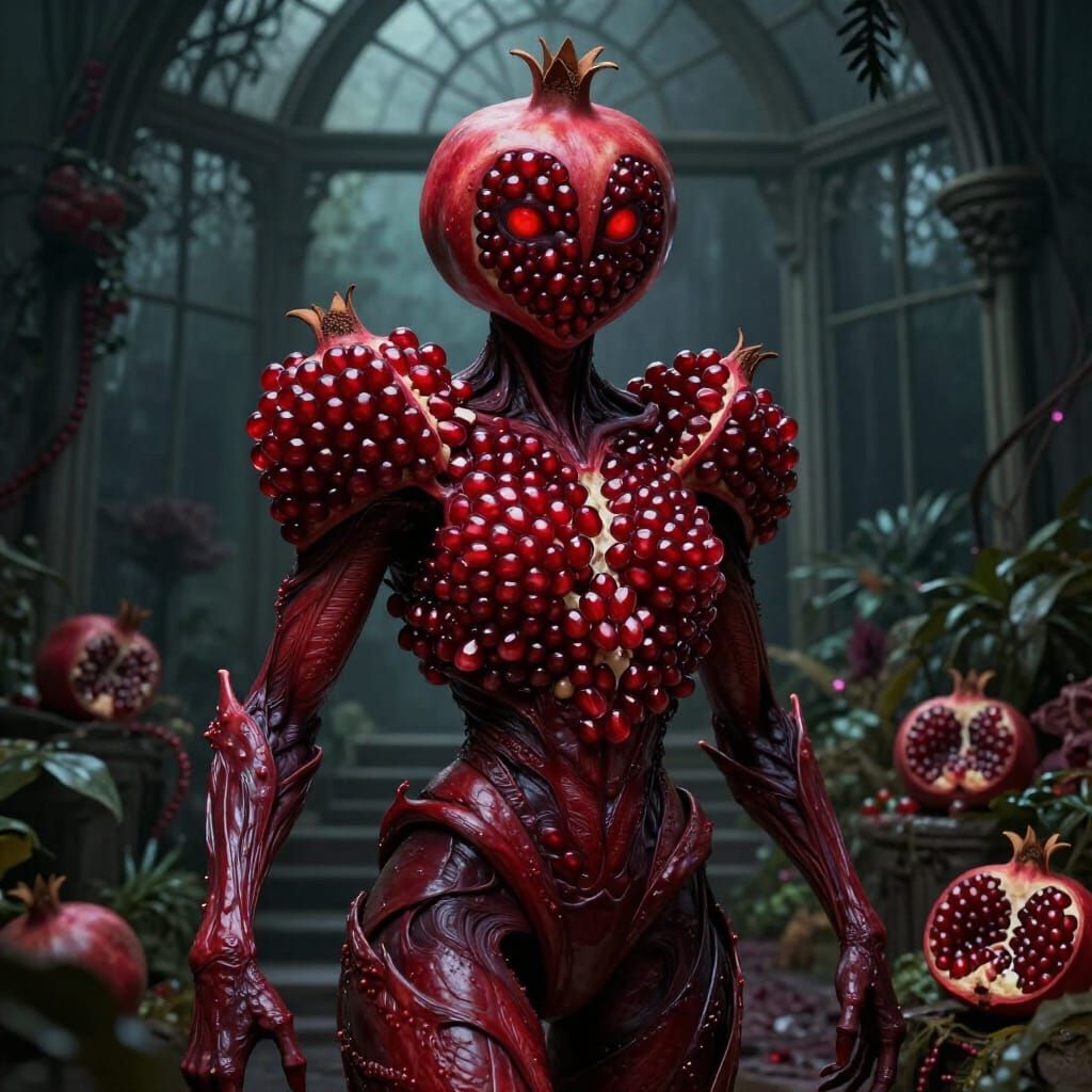 Dark Fantasy Pomegranate Person in Gothic Conservatory