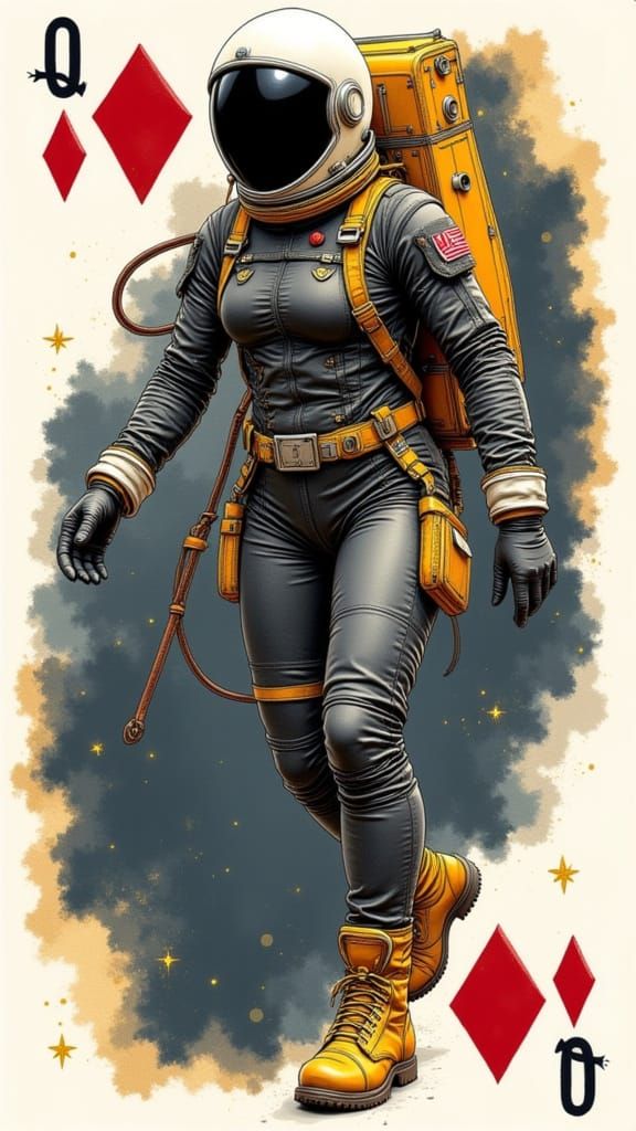 Playing card, Queen of Diamonds  <lora:Vacuum Divas:1.0> Spacesuit
