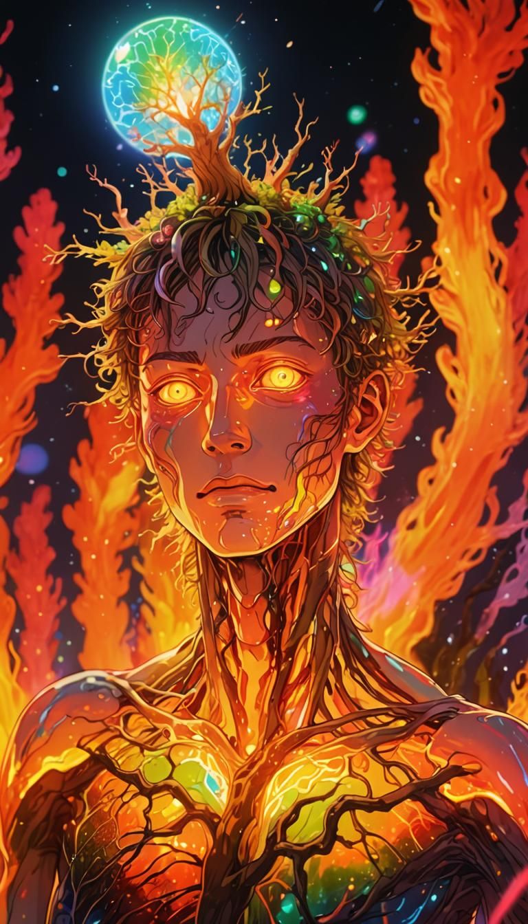 Glowing, Tree-Like Being in Vibrant, Hand-Drawn Manga Style