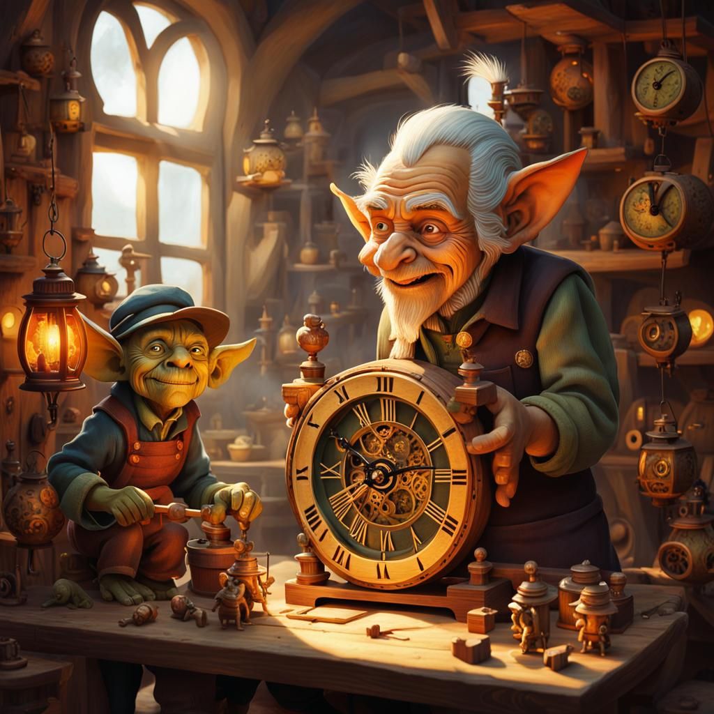 Goblin clockmaker with many small goblin helpers making a wooden clock with wooden gears in his well lit old style workshop with goblin clie...