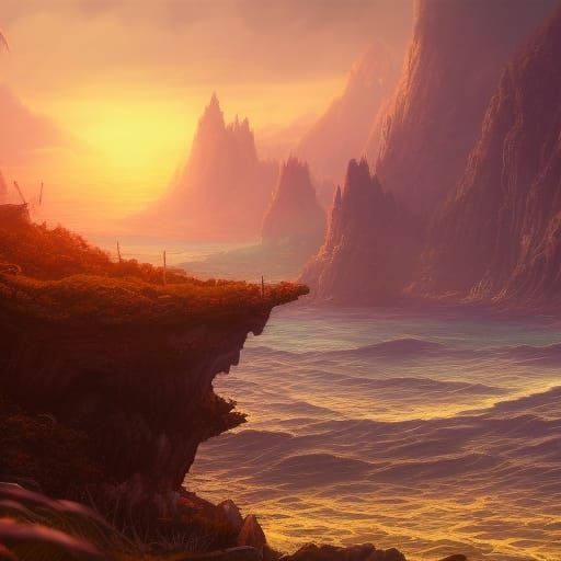 Surreal Sunset on Mystic Shore: A Vivid Fantasy Landscape in...