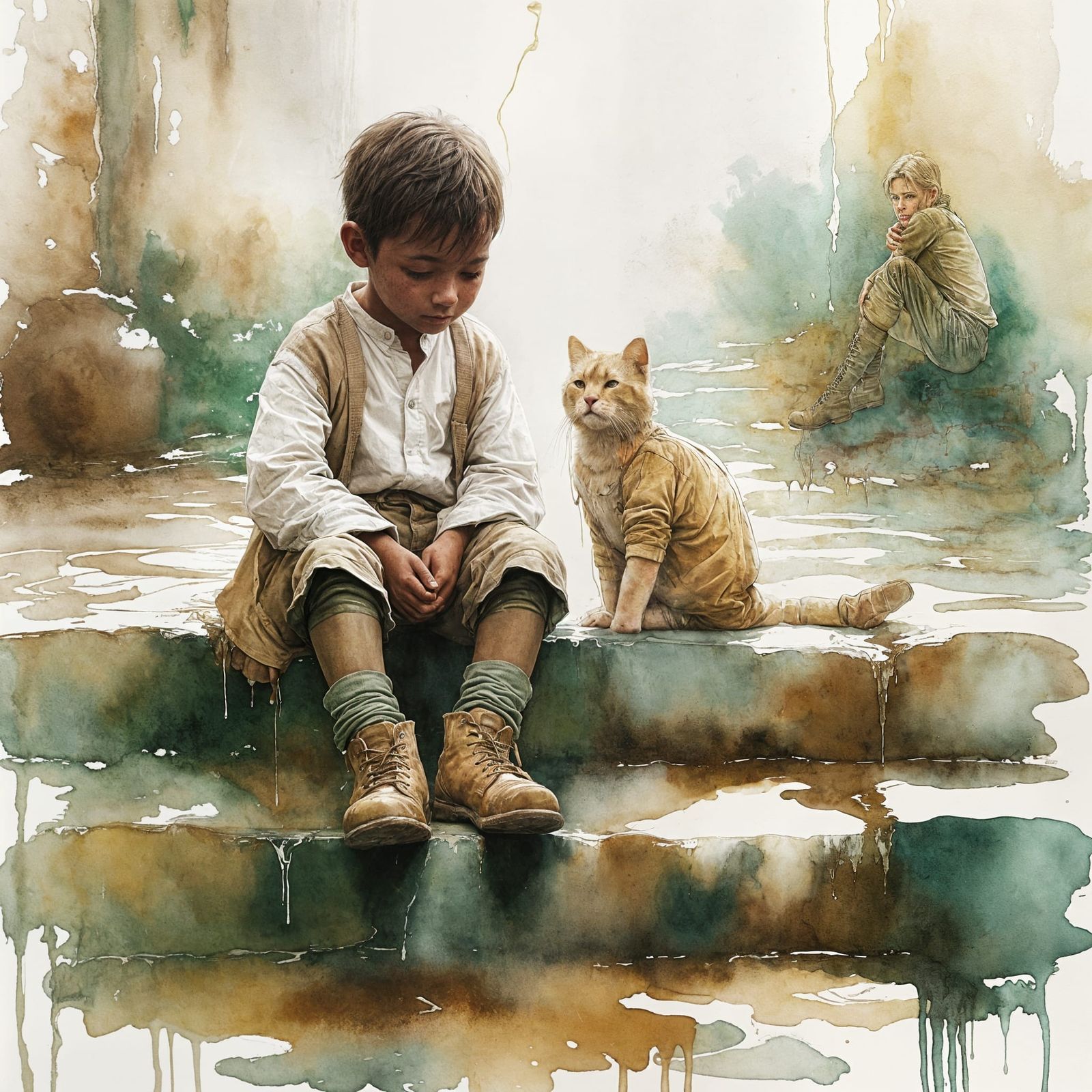 Young boy sitting on stone steps with ginger tabby cat.  by @Gettafix