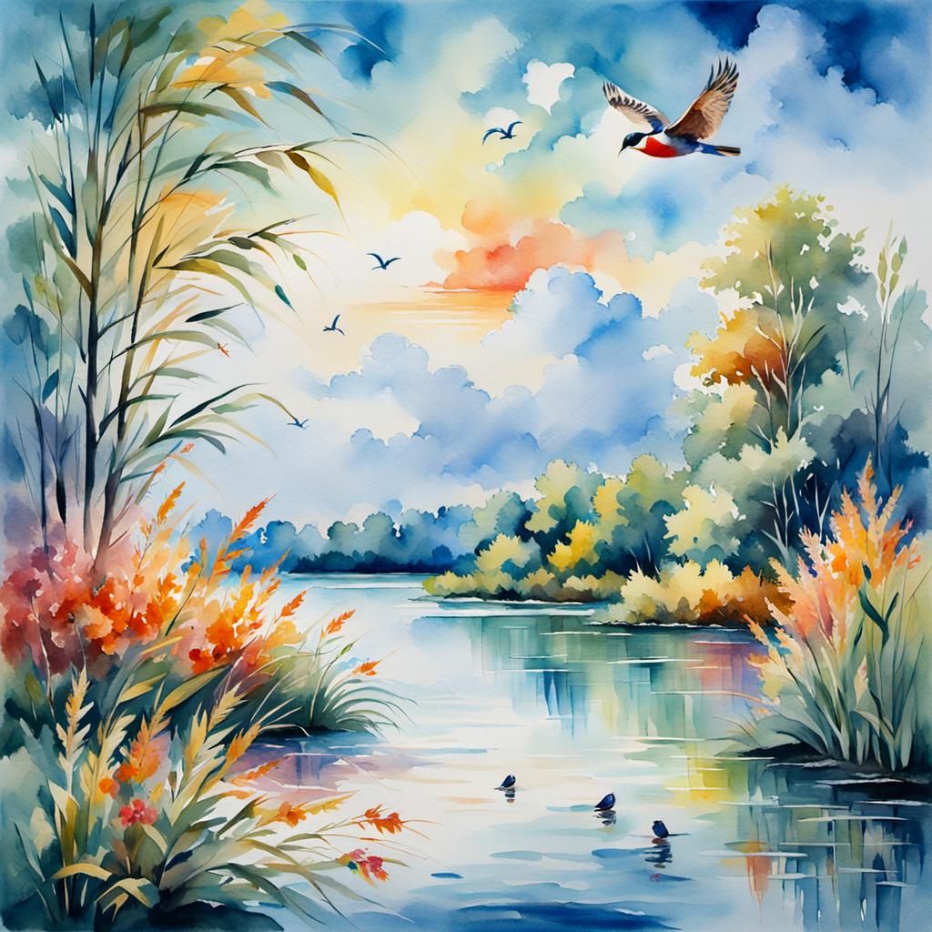 Vibrant Watercolor Scene with Reed, Trees, and Blooms