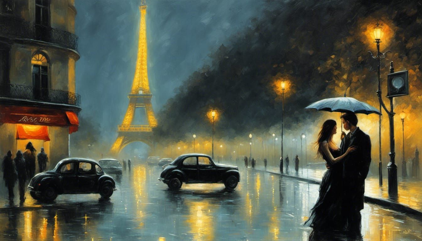 Lovers in paris in the rain - AI Generated Artwork - NightCafe Creator