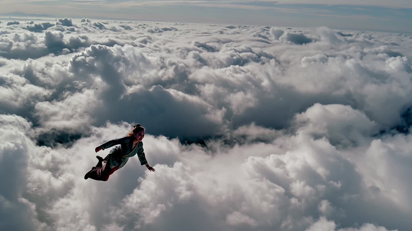 Bad Grandma flying through the clouds to visit her grandchildren.